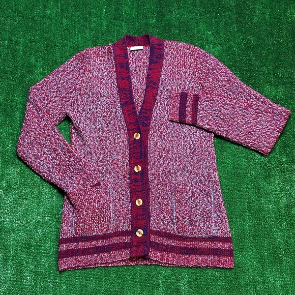 Unbranded Sweaters - Vintage Retro Wooden Buttons Women Cardigan Sweater M/L Red Blue Marled Knit
